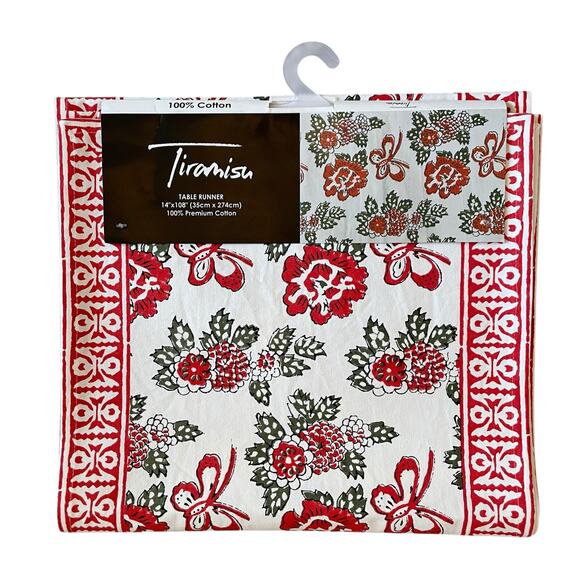 Tiramisu Block Print Cotton Table Runner 14x108 Pink & Red Floral Butterfly NEW - Picture 4 of 12